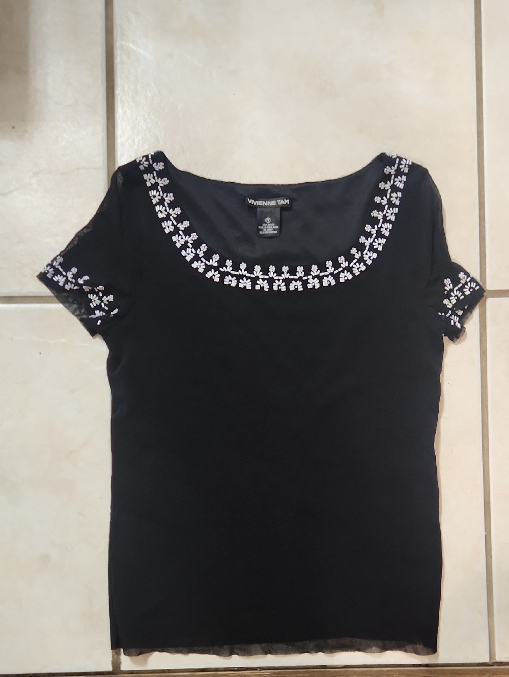 Vivienne Tam Black Short Sleeve Scoop Top with White Floral Embroidery